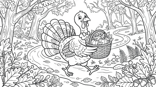 Thanksgiving Turkey Walking in Forest with Harvest Basket Coloring Page Vector Illustration