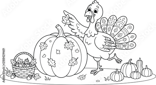 Thanksgiving Turkey with Giant Pumpkin and Harvest Basket Coloring Page Vector Illustration