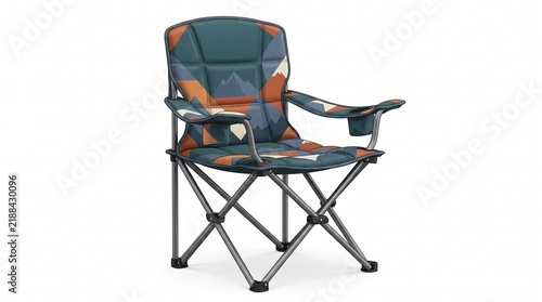 Portable Outdoor Folding Camping Chair Featuring Geometric Mountain Print Design with Armrests and Cup Holder for Travel Adventures