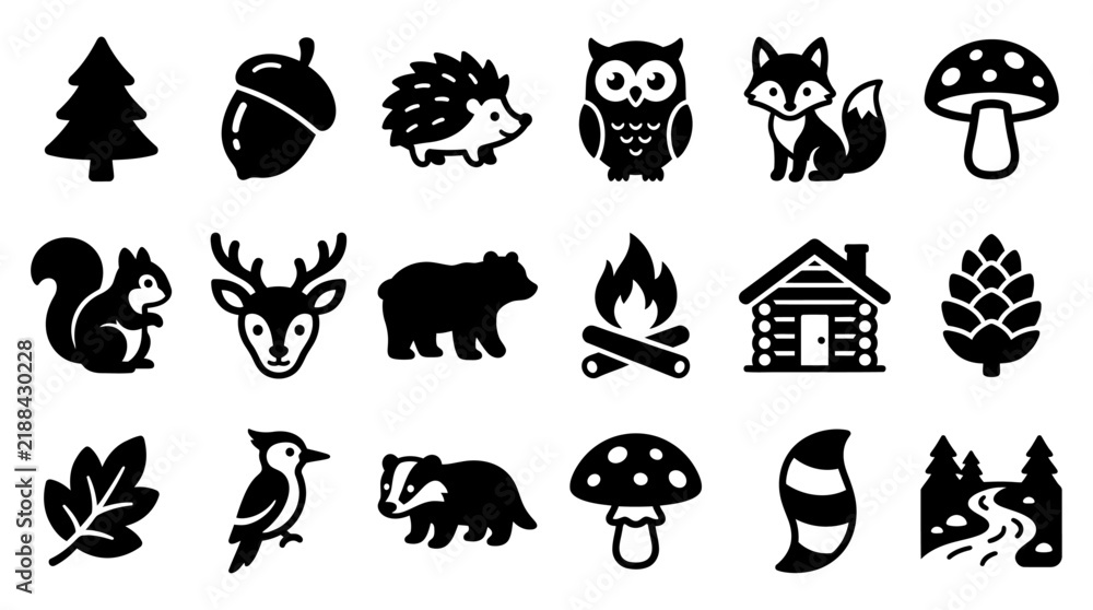 Obraz premium Nature and Forest Wildlife Silhouette Icon Set featuring Animals and Outdoor Elements for Graphic Design