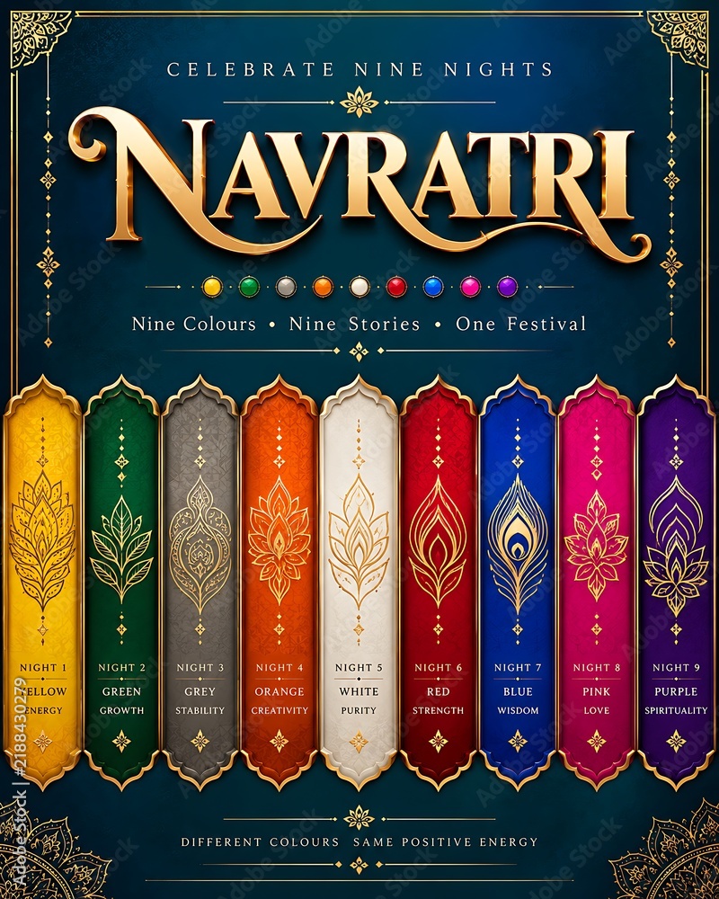 Fototapeta premium Navratri festival poster with nine colorful pillars and traditional ornamental patterns