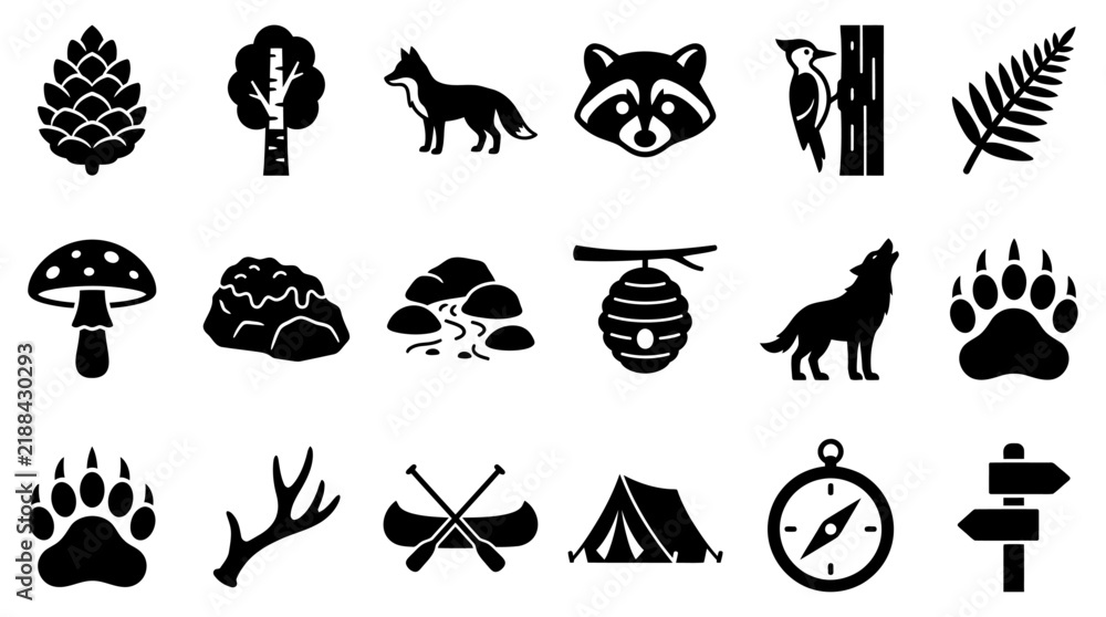 Fototapeta premium Diverse outdoor adventure and forest wildlife silhouette vector icons set, perfect for nature-themed graphic design projects, camping, and wilderness illustrations