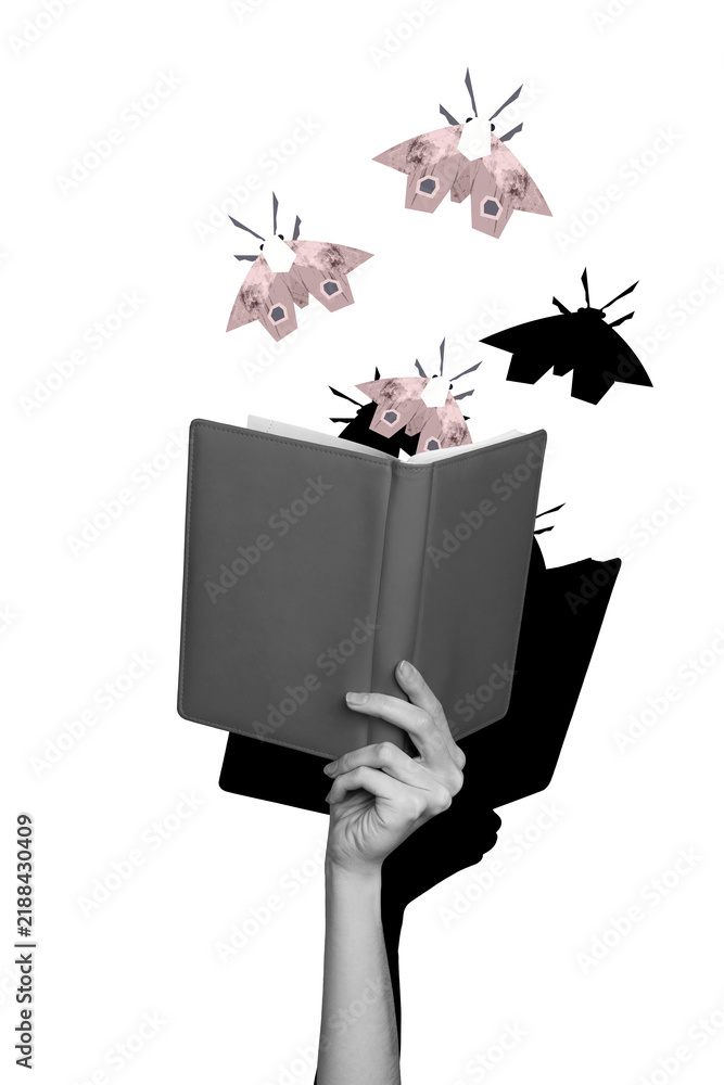 Obraz premium Vertical photo collage of people hand hold open book read new bestseller fairytale fly mole fantasy origami isolated on painted background