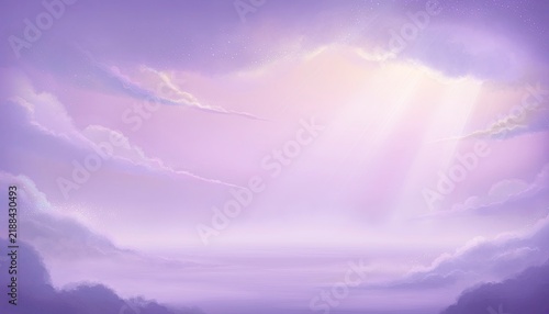 Ethereal Skies: Soft, wispy clouds in shades of lavender and rose form a dreamlike canopy, with shafts of golden sunlight breaking through to illuminate the celestial expanse.