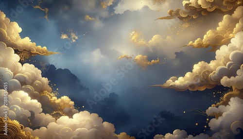 Celestial Tapestry: A breathtaking panorama of golden-hued clouds drifts across a deep blue sky, evoking a sense of wonder and the sublime.