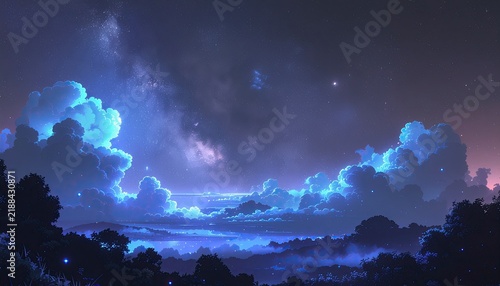 Dreamy Nightscape: A surreal and atmospheric night sky, illuminated by vibrant blue clouds and twinkling stars, hovers over a silhouetted landscape of trees and hills.