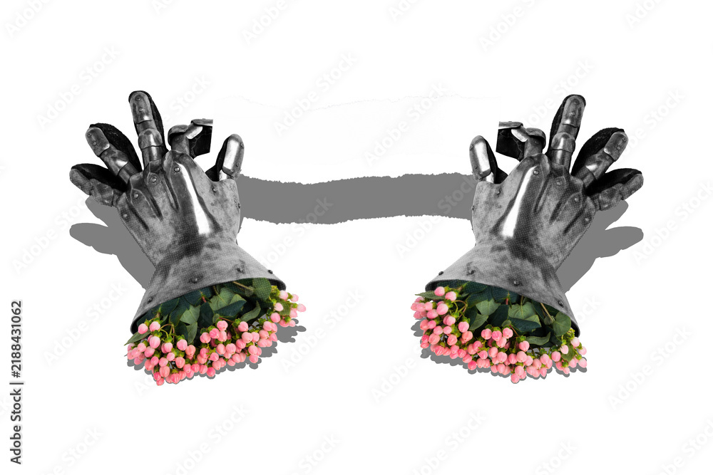 Fototapeta premium Art image poster photo collage of soldier hands wear armor glove hold wildflowers berries bouquet spring bloom season florist
