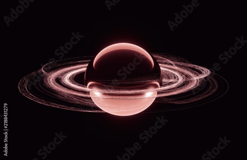 Abstract cosmic black hole sphere with glowing red plasma accretion disk ring.