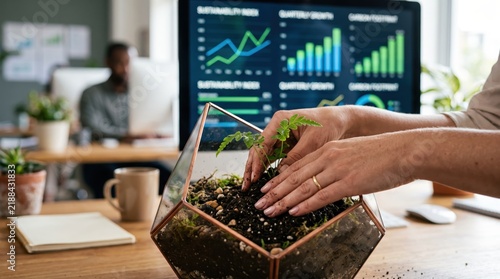 Hands planting small fern in geometric glass terrarium on office desk with sustainability data charts on monitor background, eco friendly business, green growth concept