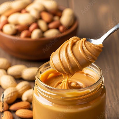 Creamy Peanut Butter Being Scooped from a Jar with a Spoon Surrounded by Fresh Peanuts