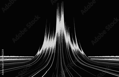 Abstract vertical fiber optic light beam peak expanding on black background.