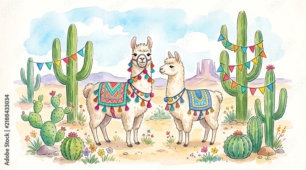 Fototapeta premium Two cute llamas wearing colorful blankets and tassels standing in a sunny desert landscape with tall green cacti