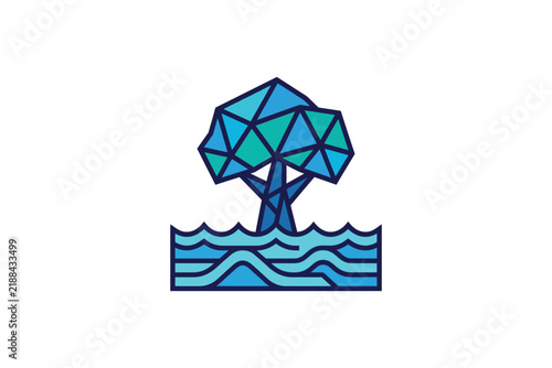 Geometric tree above stylized water waves illustration.