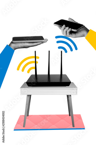 Obraz na płótnie Vertical photo collage of hands hold phone devices screen wifi connection router