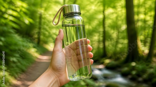 Person holding reusable glass water bottle on hiking trail in lush green forest for sustainable hydration and healthy lifestyle.