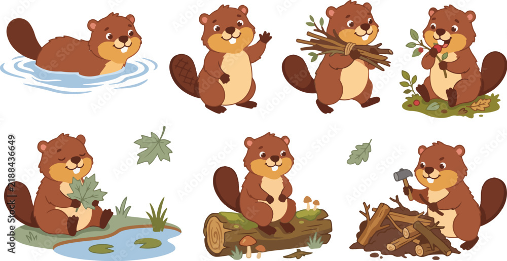 Obraz premium Beaver animal character set showing cute cartoon activities like swimming carrying wood and building a dam isolated