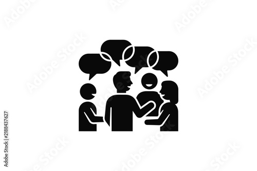 group conversation and team discussion vector icon with people talking and speech bubbles glyph silhouette.