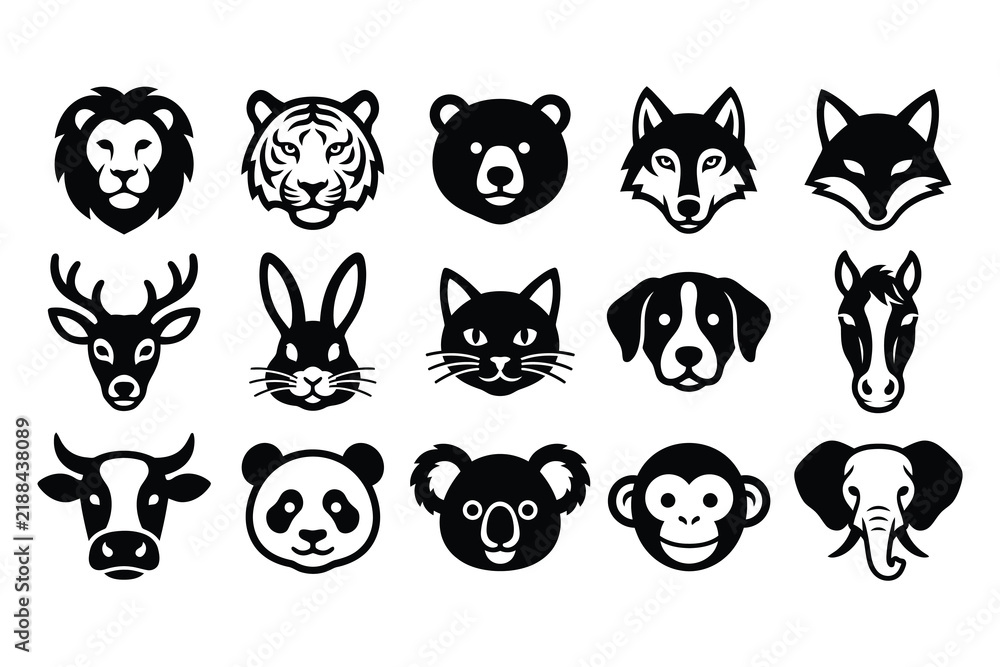 Fototapeta premium Collection of various wild and domestic animal head icons in a simple black and white vector style