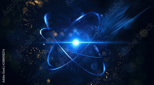 Glowing atomic structure with orbiting electrons on dark, sparkling background