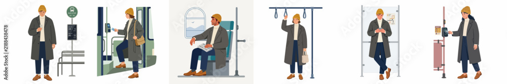Obraz premium Flat illustration series depicting a woman's daily commute on public transportation, including waiting at a stop, boarding, sitting, and standing.