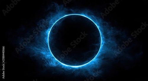 A bright blue neon ring glows intensely against a dark, smoky background