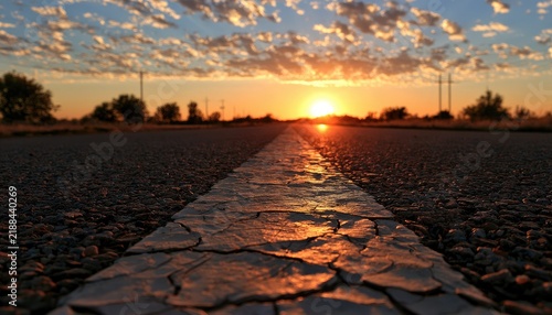 Sun sets on a cracked road, casting a warm glow across the horizon