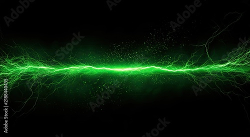 Vivid green electrical discharge streaks across a dark, particle-filled void