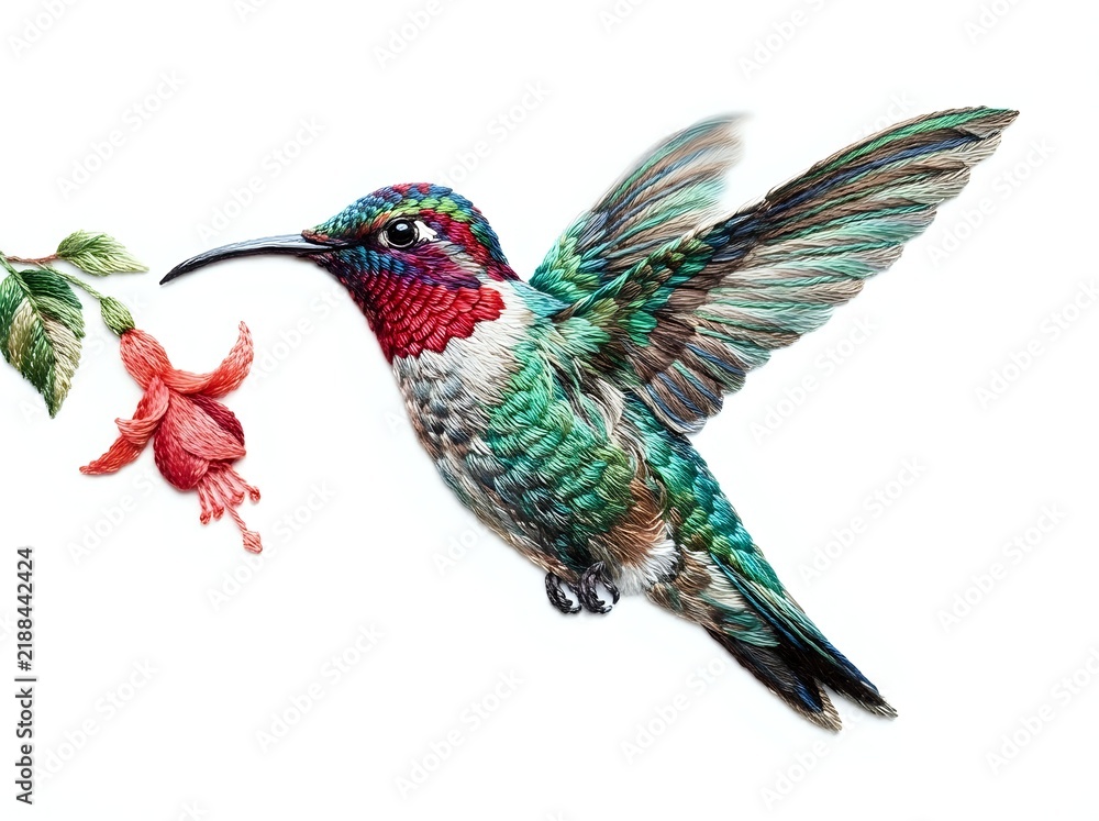 Obraz premium Hummingbird with iridescent green and red plumage feeding from red fuchsia flower against white background