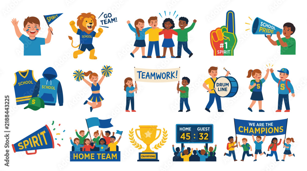 Fototapeta premium School Spirit And Teamwork Flat Vector Illustrations - Sports Championship Celebration