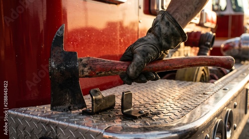 Firefighter holding a heavy axe on a red fire truck engine