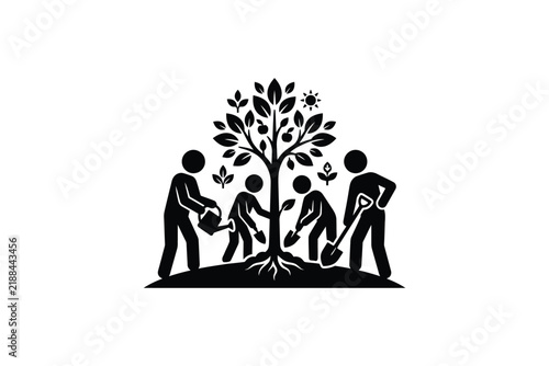 Group of volunteers planting and watering tree together community ecology concept vector silhouette.
