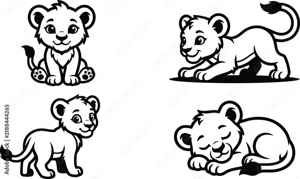 Obraz premium Cute cartoon lion cub vector rendering assortment featuring four different poses like sitting, crouching, standing and sleeping.