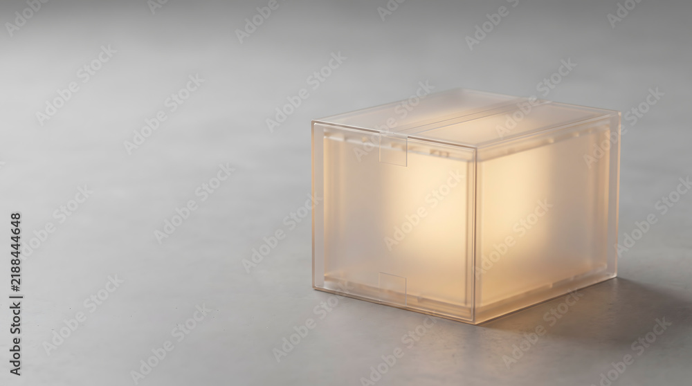 Fototapeta premium Corrugated shipping box made of frosted translucent material glowing from within, conceptual transparent logistics.