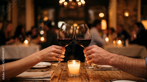 Couple toasting with red wine glasses at a romantic restaurant table with candlelight