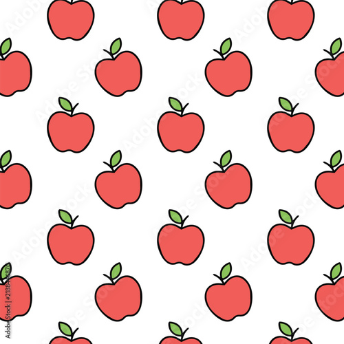 Seamless Red Apple Vector Pattern with Green Leaves