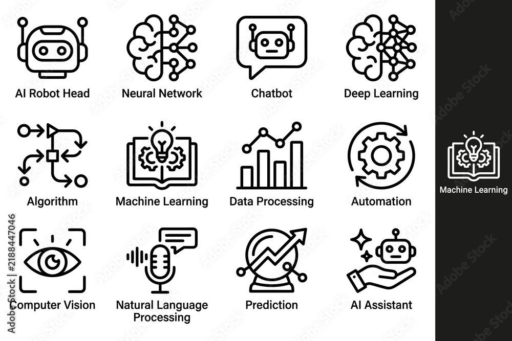 Fototapeta premium Artificial intelligence icons set linear style black and white illustration
