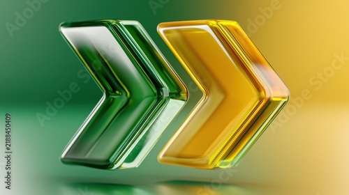 Forward Momentum: Two sleek, glass-like arrows, one green and one gold, point dynamically forward, symbolizing progress, growth, and direction against a softly blended background.