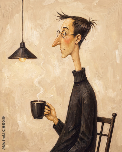 A thoughtful man in a black sweater holding a coffee mug, sitting in a cozy setting.