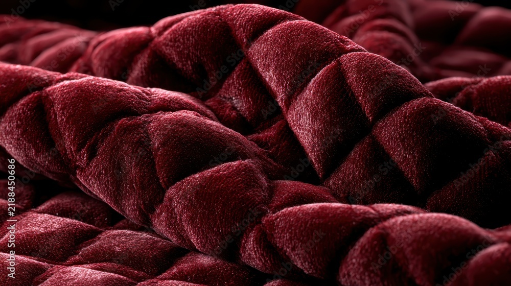 Naklejka premium Plush Velvet Fabric: A close-up shot reveals the luxurious texture of deep red velvet fabric, intricately quilted in a diamond pattern, evoking warmth and comfort.