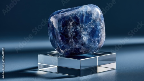 Sodalite Gemstone: A polished sodalite gemstone, showcasing deep blue hues and intricate patterns, rests elegantly on a clear acrylic stand, bathed in soft light.