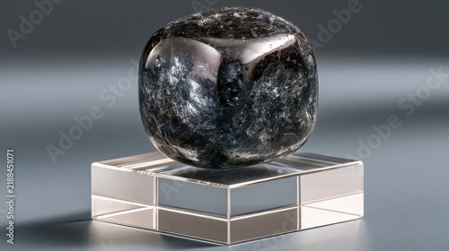 A Cosmic Gem: A mesmerizing, iridescent mineral specimen with a rough, crystalline texture rests on a clear acrylic stand, its surface reflecting light with an otherworldly allure.