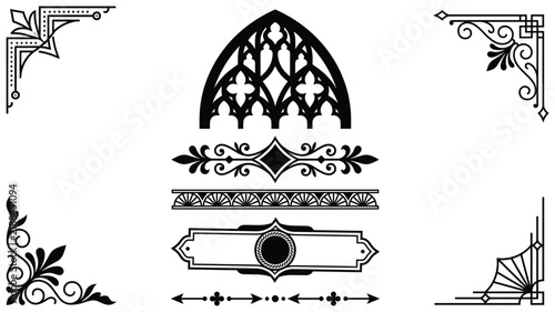 Gothic cathedral window arch design and filigree page dividers with retro corner brackets for publications.