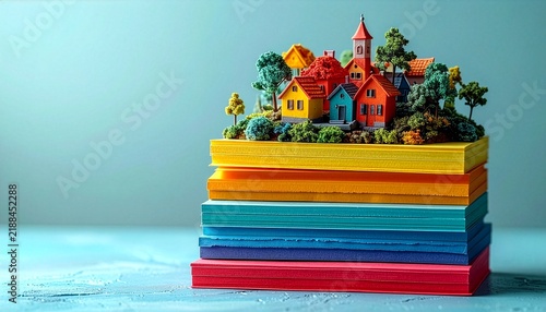 Miniature Town On Colorful Sticky Note Layers