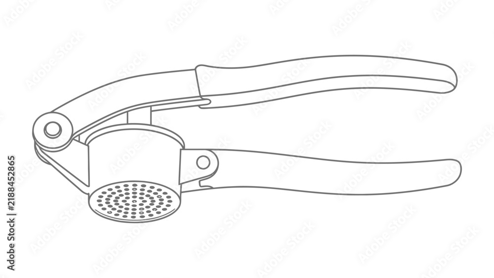 Obraz premium Garlic Press Illustration: A simple, clean line drawing of a manual garlic press, a common kitchen utensil used for crushing garlic cloves.