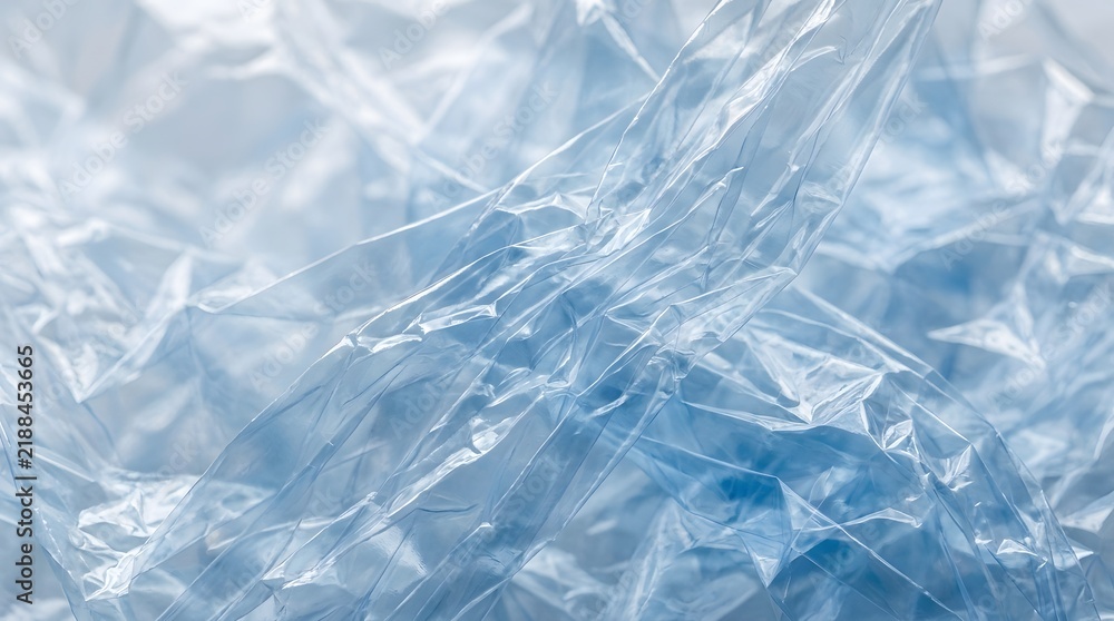 Obraz premium Crumpled transparent plastic film texture with soft blue light reflections