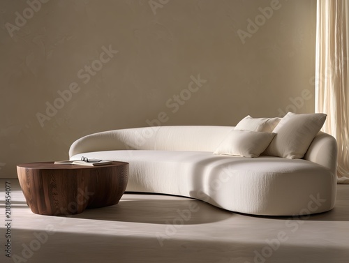 Curved white boucle sofa with sculptural wood coffee table in minimalist living room