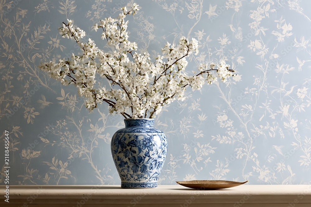 Obraz premium Elegant blue and white porcelain vase filled with white cherry blossoms on a mantle against a delicate floral hummingbird patterned wallpaper background