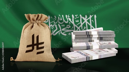 4K Motion Graphics: Saudi Currency Falling over Waving National Flag