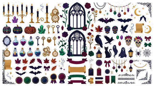 Gothic Halloween mystical vector elements, dark academia occult clipart set, vintage witchy aesthetic illustrations for scrapbooking