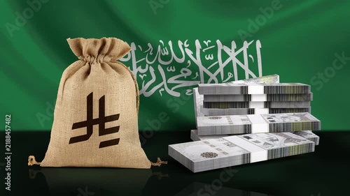 4K Saudi Riyal Falling on Ground with Waving Saudi Flag - 3D Animation